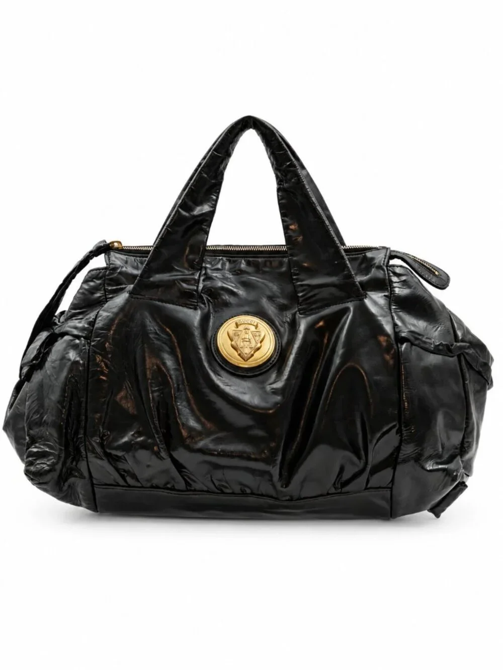 Gucci Hysteria Black Patent Leather Top Handle Bag Gold Crest Medallion